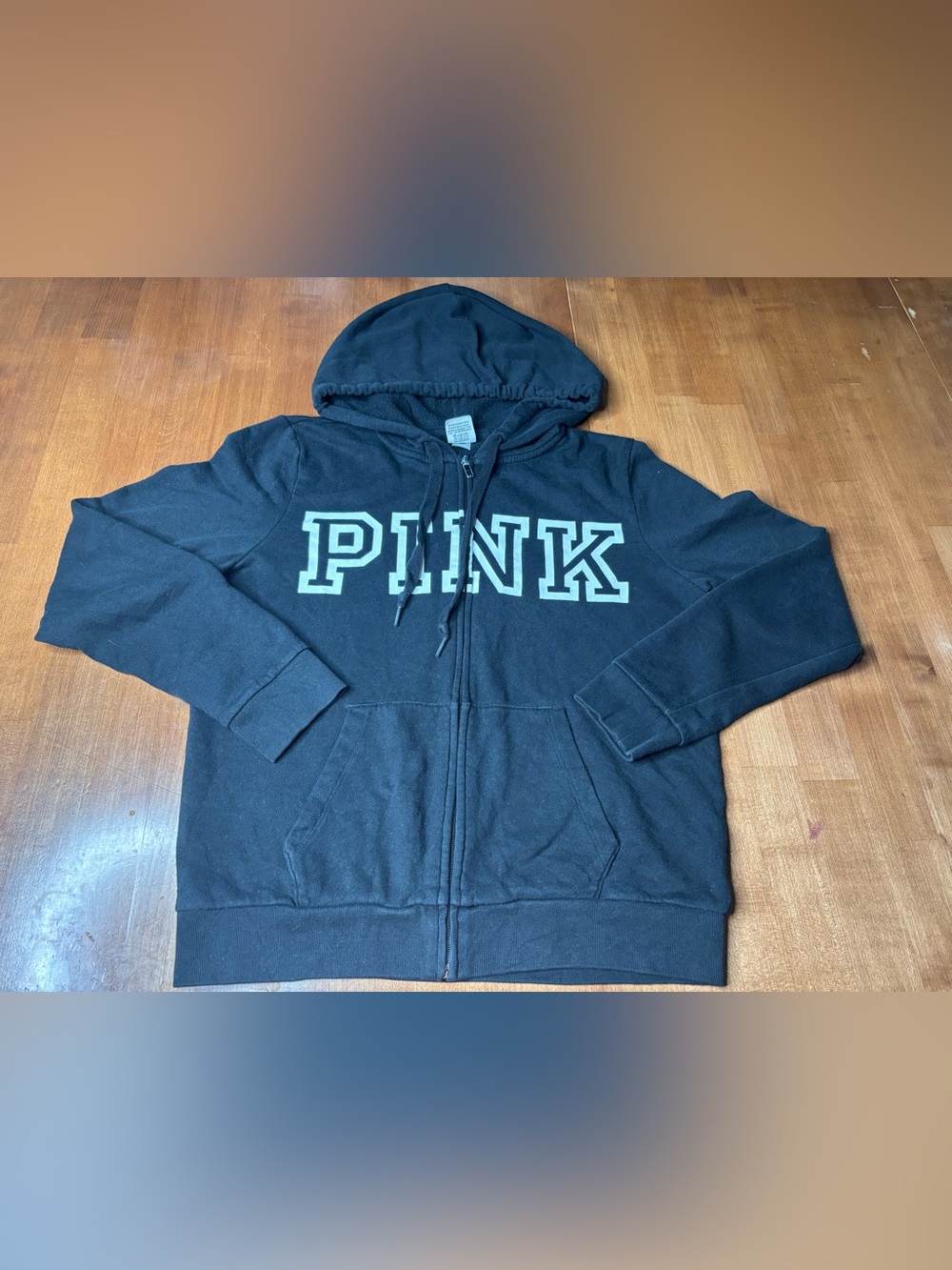 PINK Victoria's Secret Black Zip Front Hoodie with Logo Size Medium